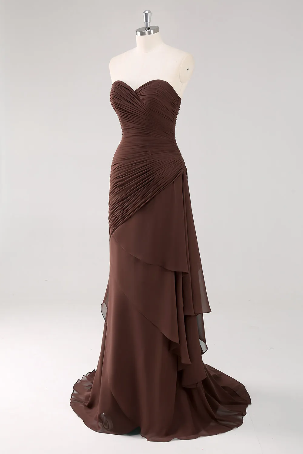 Dark Brown A-Line Sweetheart Ruched Ruffled Long Formal Dress sold by Zapaka product image thumbnail 3