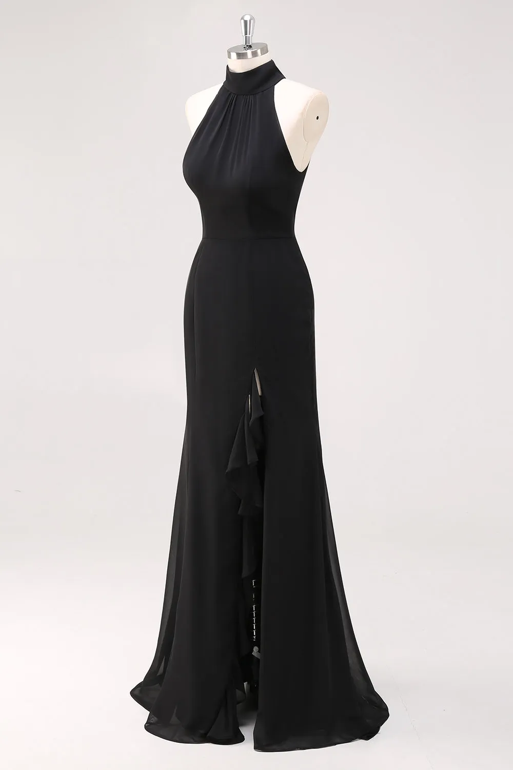 Black Mermaid Halter Neck Ruffles Long Formal Dress with Slit sold by Zapaka product image thumbnail 3