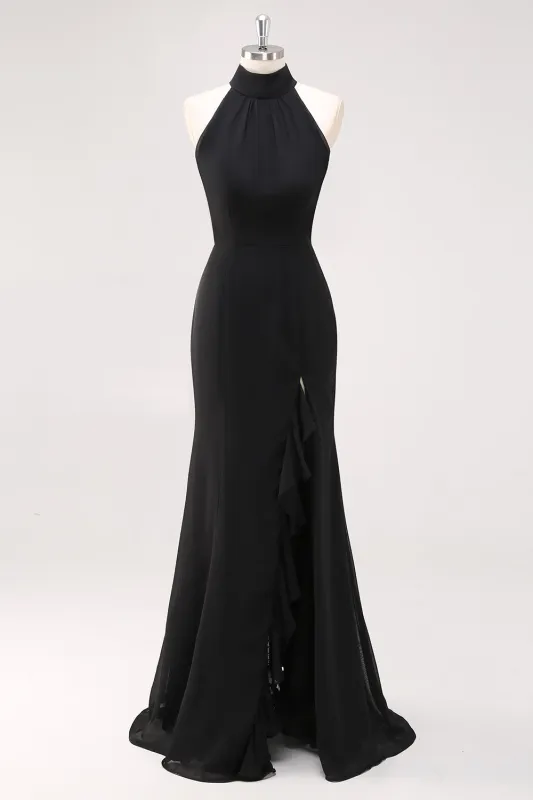 Black Mermaid Halter Neck Ruffles Long Formal Dress with Slit sold by Zapaka