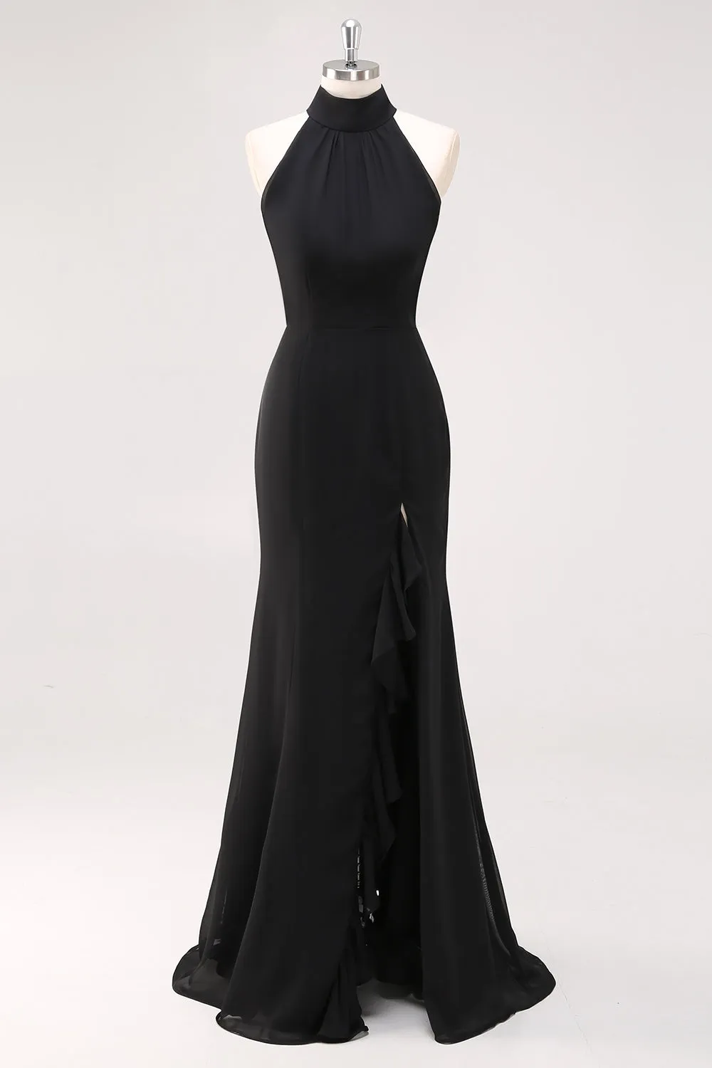 Black Mermaid Halter Neck Ruffles Long Formal Dress with Slit sold by Zapaka