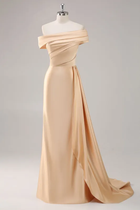 Champagne Sheath One Shoulder Pleated Long Formal Dress with Side Streamer sold by Zapaka