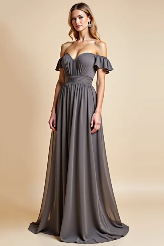 A Line Steel Grey Off The Shoulder Ruched Long Bridesmaid Dress sold by Zapaka