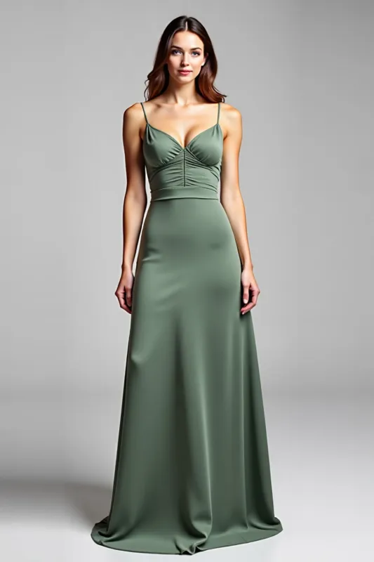 Eucalyptus Sheath Spaghetti Straps Satin Long Bridesmaid Dress sold by Zapaka