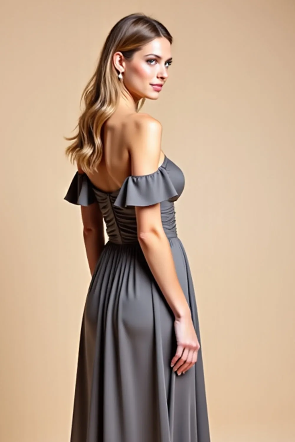 A Line Steel Grey Off The Shoulder Satin Long Bridesmaid Dress sold by Zapaka product image thumbnail 5
