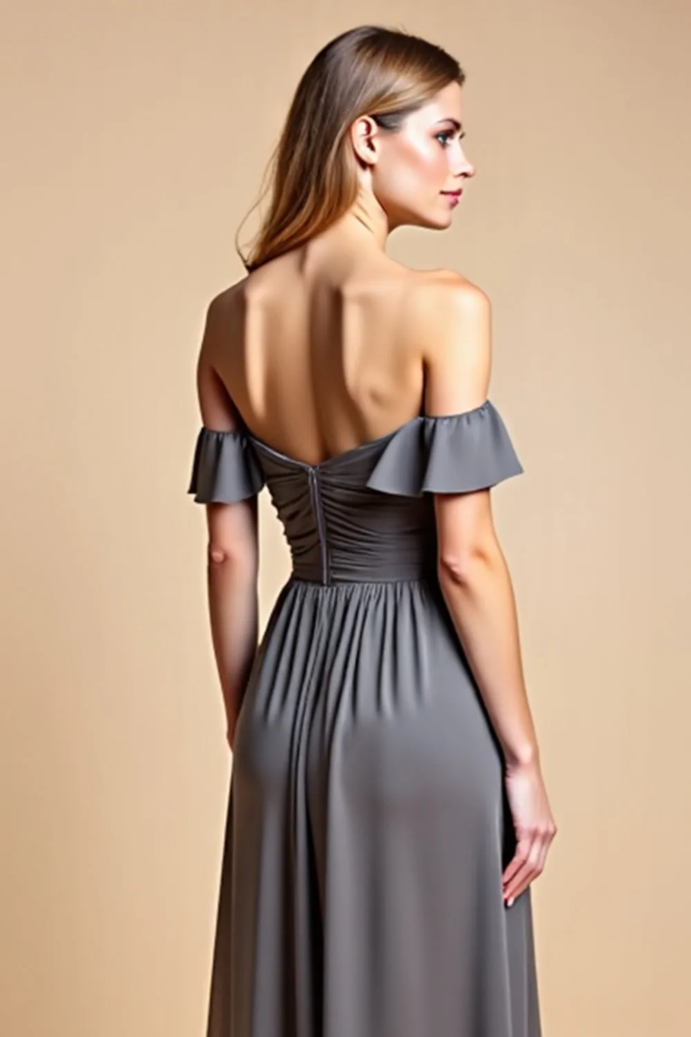 A Line Steel Grey Off The Shoulder Satin Long Bridesmaid Dress sold by Zapaka product image thumbnail 3