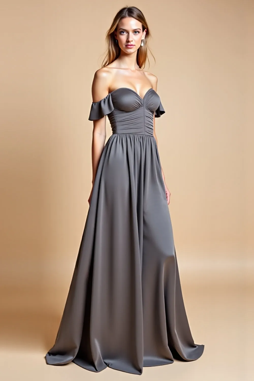 A Line Steel Grey Off The Shoulder Satin Long Bridesmaid Dress sold by Zapaka product image thumbnail 4