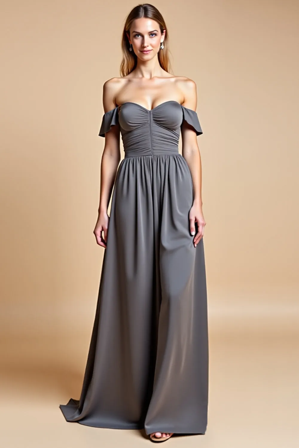 A Line Steel Grey Off The Shoulder Satin Long Bridesmaid Dress sold by Zapaka