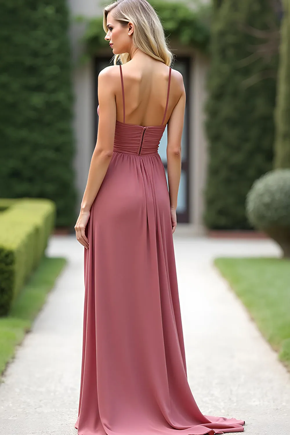 Chiffon Spaghetti Straps Dusty Rose Long Bridesmaid Dress with Slit sold by Zapaka product image thumbnail 2