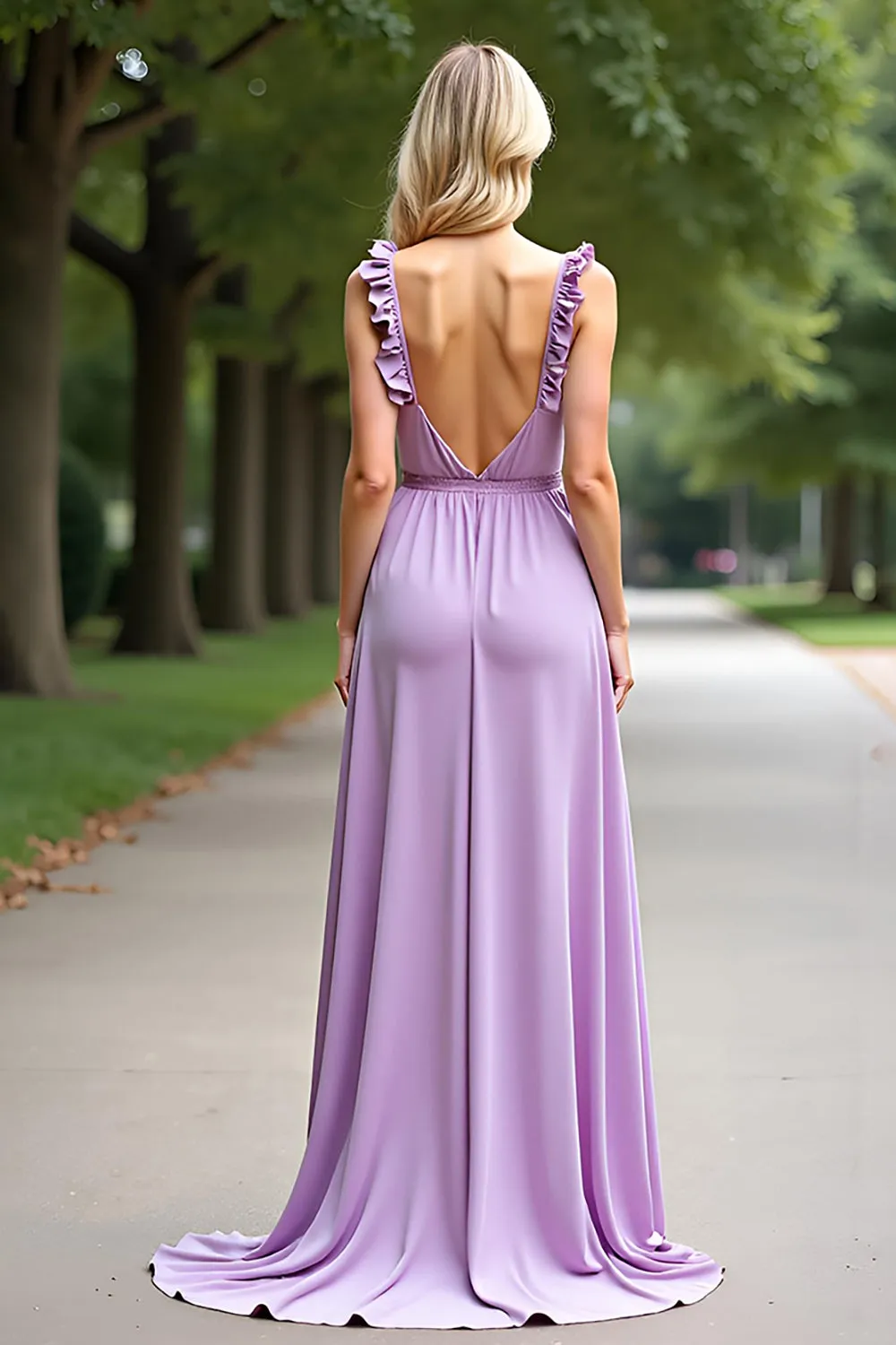 Lilac A Line Chiffon Long Bridesmaid Dress with Ruffled Sleeves sold by Zapaka product image thumbnail 2