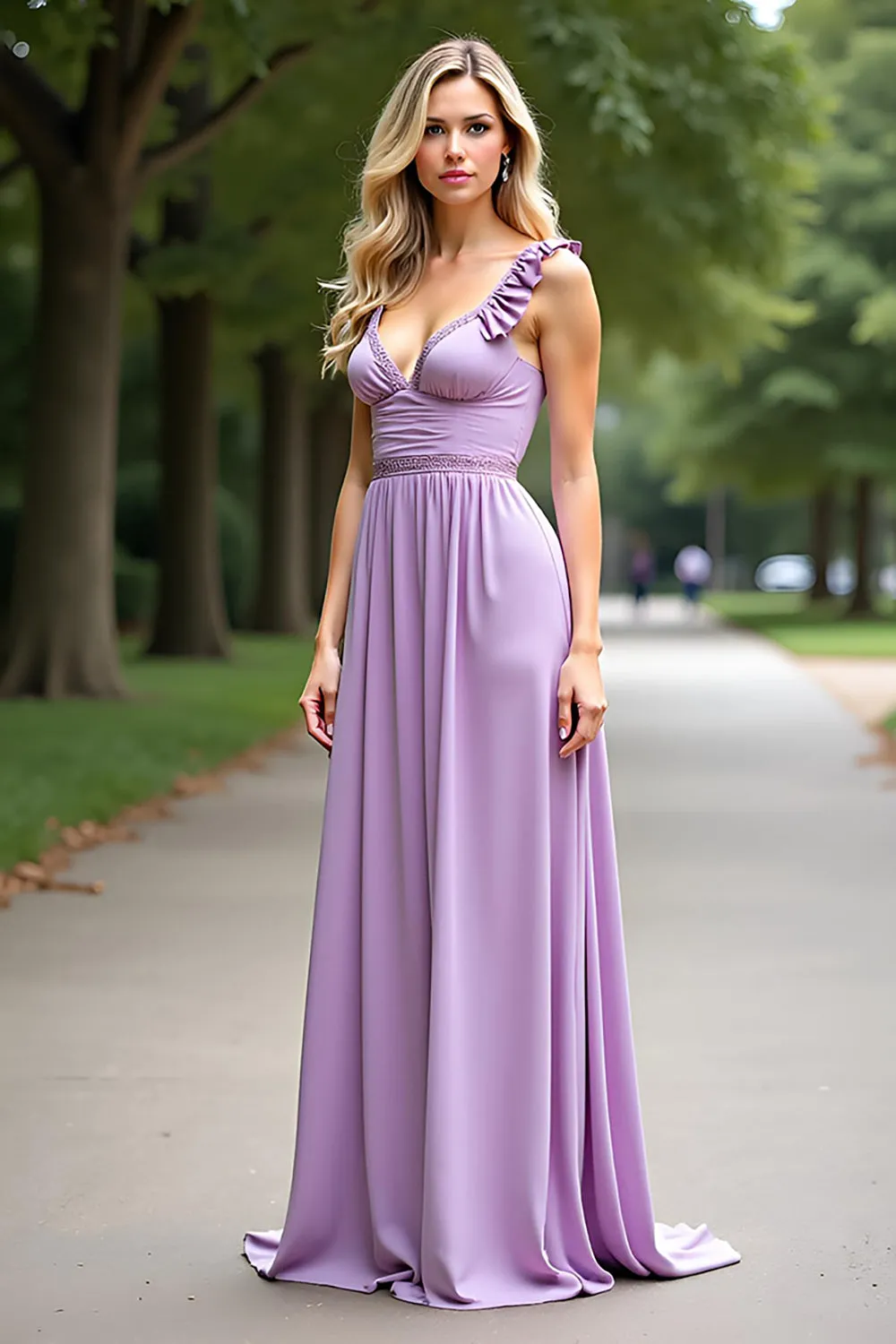Lilac A Line Chiffon Long Bridesmaid Dress with Ruffled Sleeves sold by Zapaka