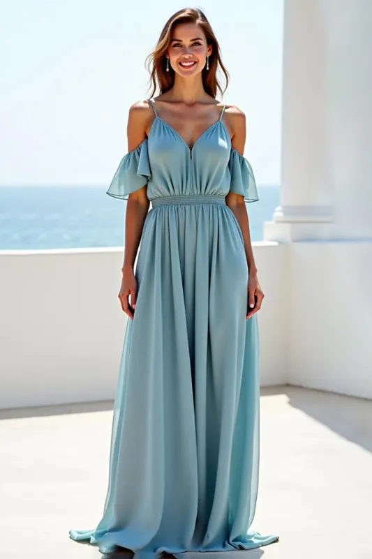 Blue A Line Cold Shoulder Long Chiffon Bridesmaid Dress sold by Zapaka