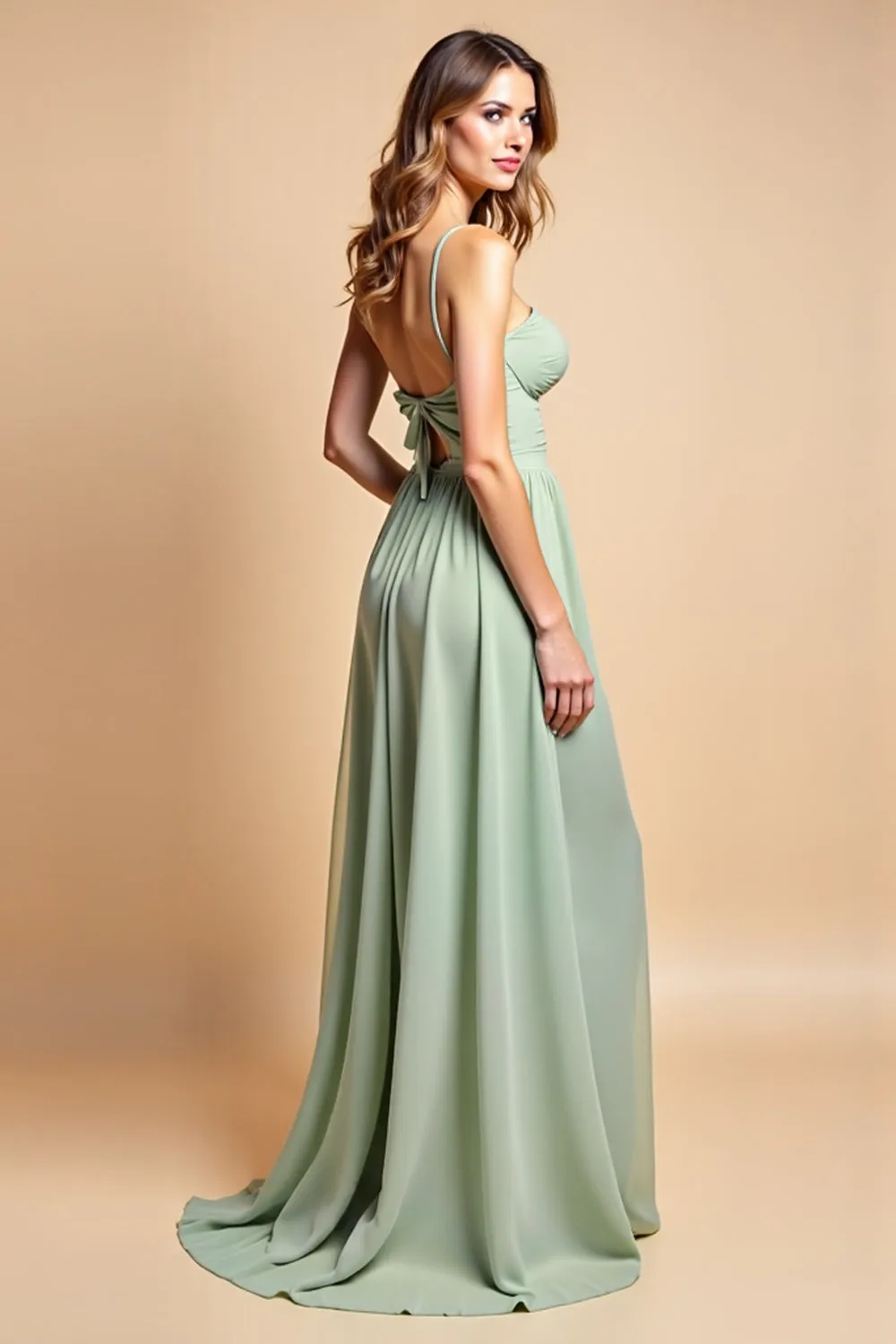 Dusty Sage Long Chiffon A Line Spaghetti Straps Bridesmaid Dress with Slit sold by Zapaka product image thumbnail 2