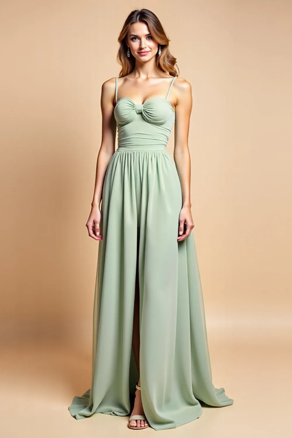 Dusty Sage Long Chiffon A Line Spaghetti Straps Bridesmaid Dress with Slit sold by Zapaka