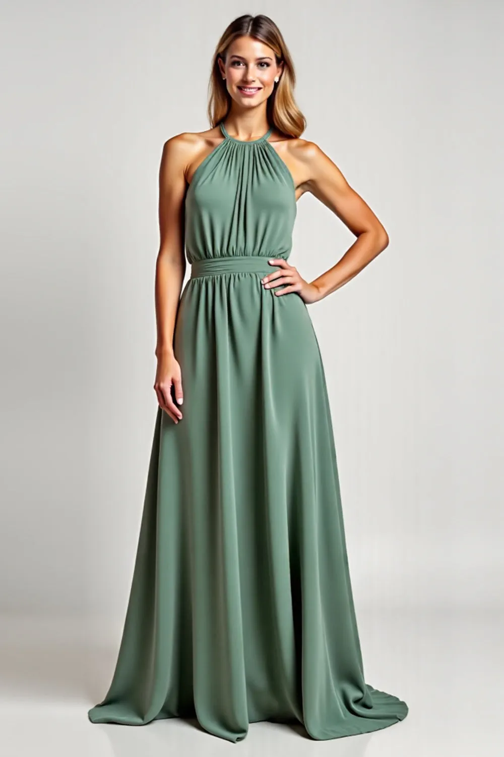 Halter A Line Eucalyptus Long Bridesmaid Dress sold by Zapaka