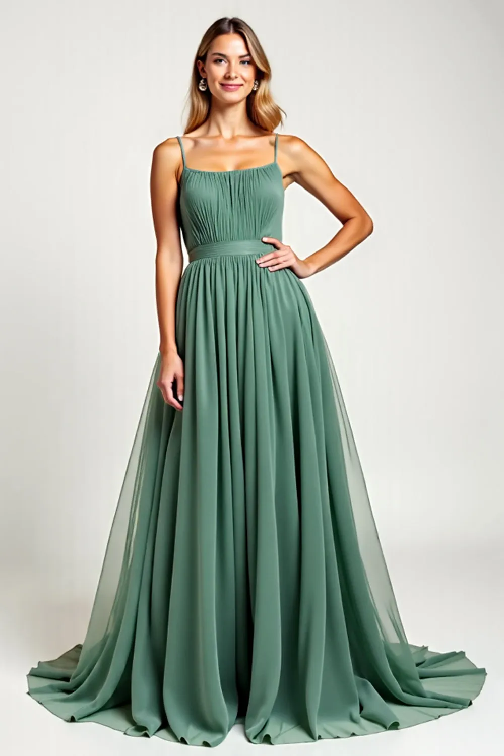 Eucalyptus Ruched A Line Long Bridesmaid Dress sold by Zapaka