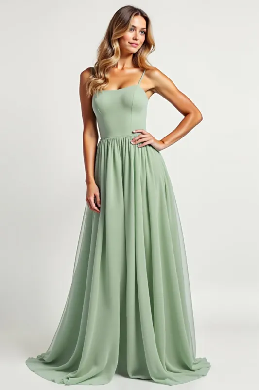 Simple Dusty Sage Chiffon Long A Line Bridesmaid Dress sold by Zapaka