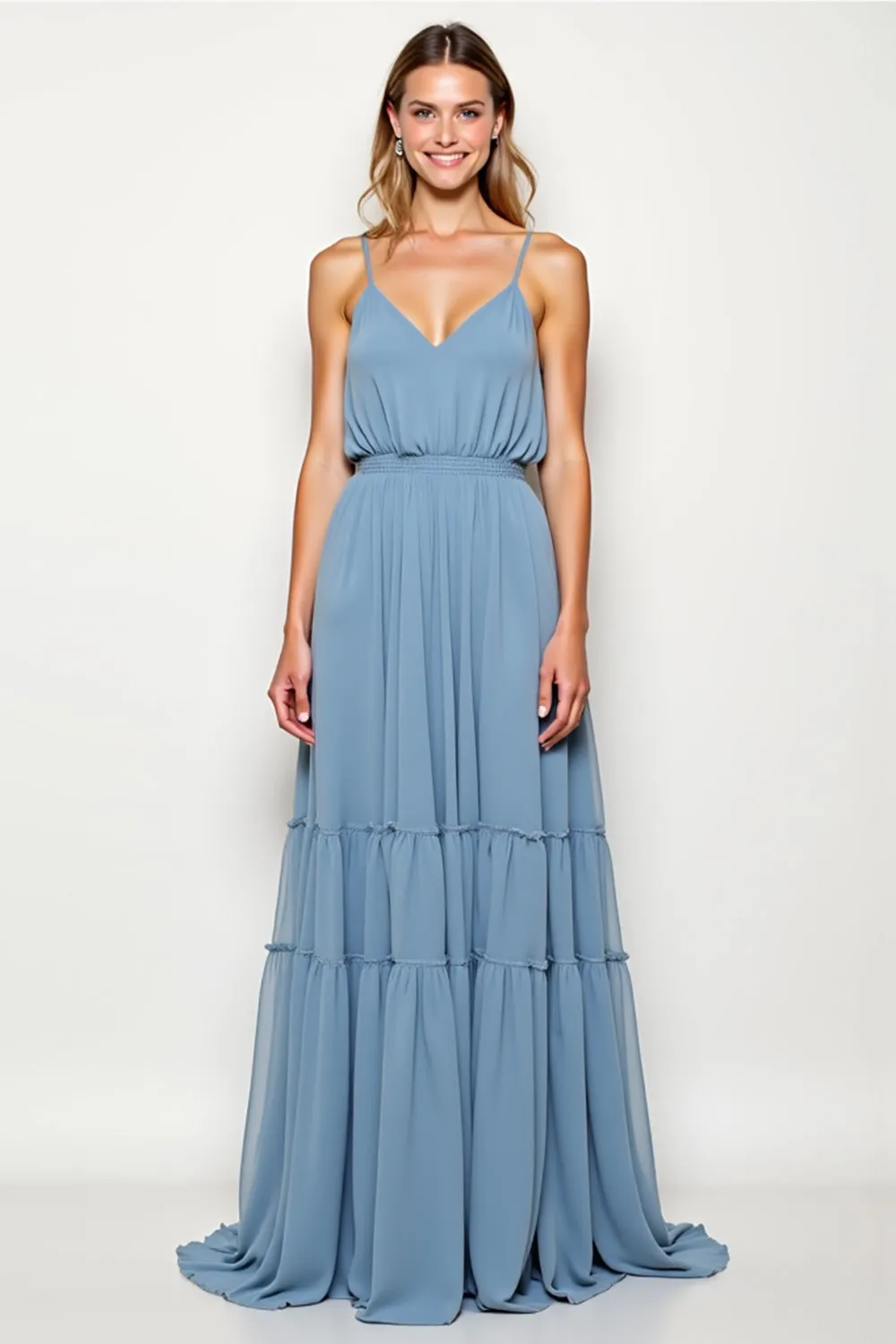 Dusty Blue Chiffon Long A Line Spaghetti Straps Long Bridesmaid Dress sold by Zapaka