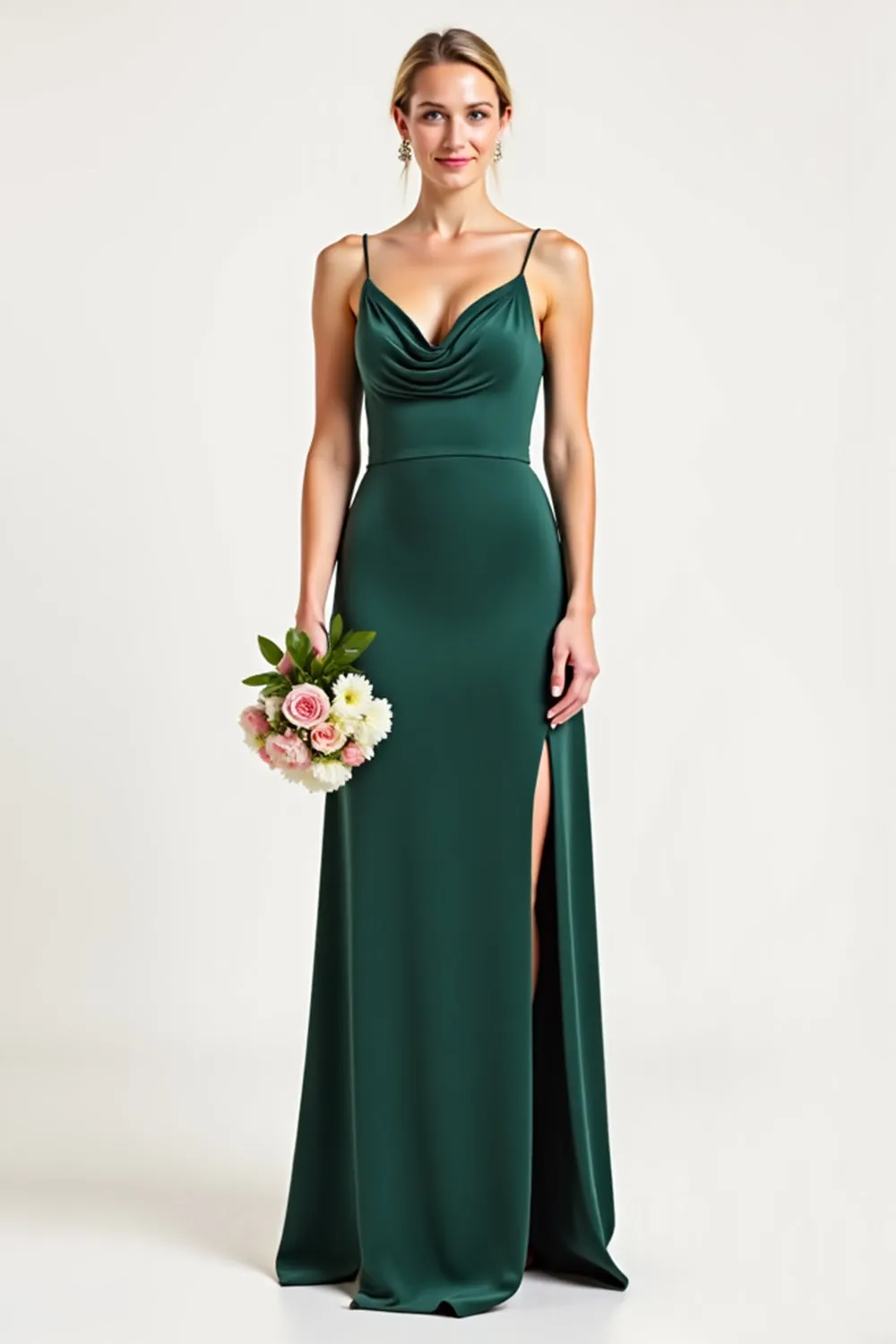 Dark Green Cowl Neck Satin Sheath Bridesmaid Dress with Slit sold by Zapaka