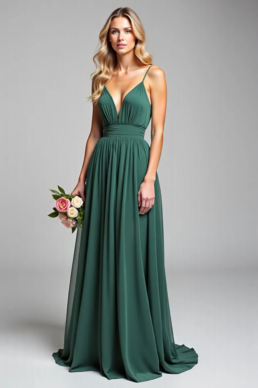 Chiffon Dark Green Spaghetti Straps A Line Long Bridesmaid Dress sold by Zapaka