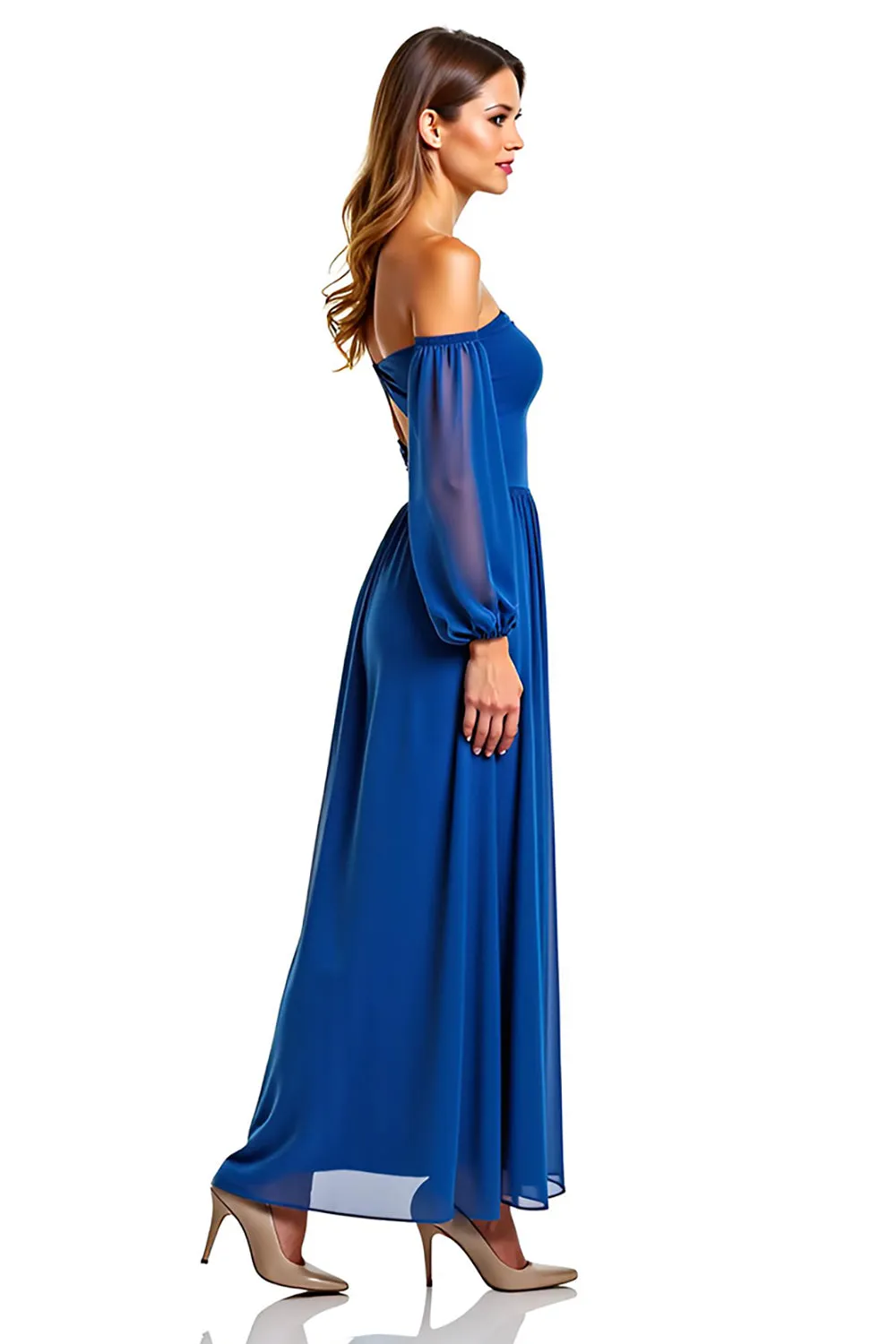 Off The Shoulder Long Sleeve Royal Blue A Line Formal Dress sold by Zapaka product image thumbnail 3