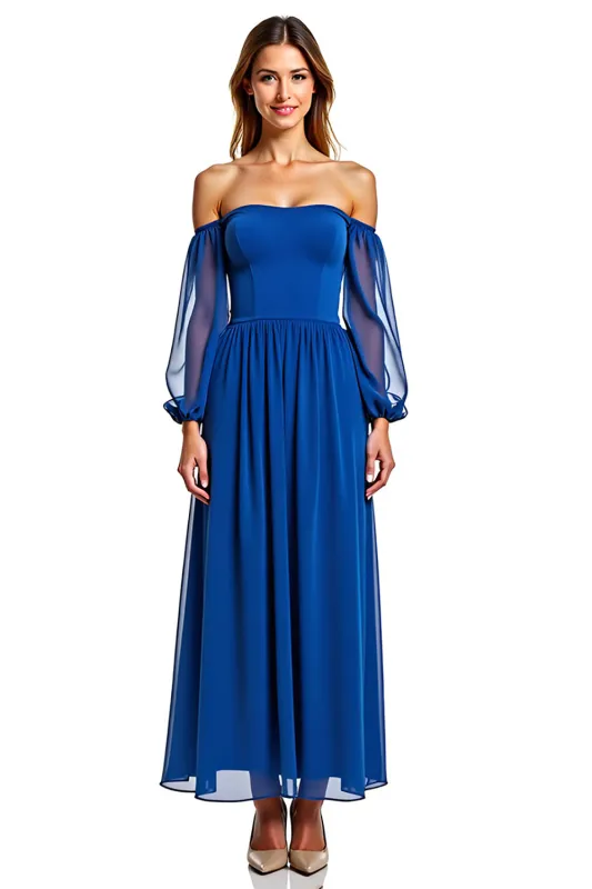 Off The Shoulder Long Sleeve Royal Blue A Line Formal Dress sold by Zapaka