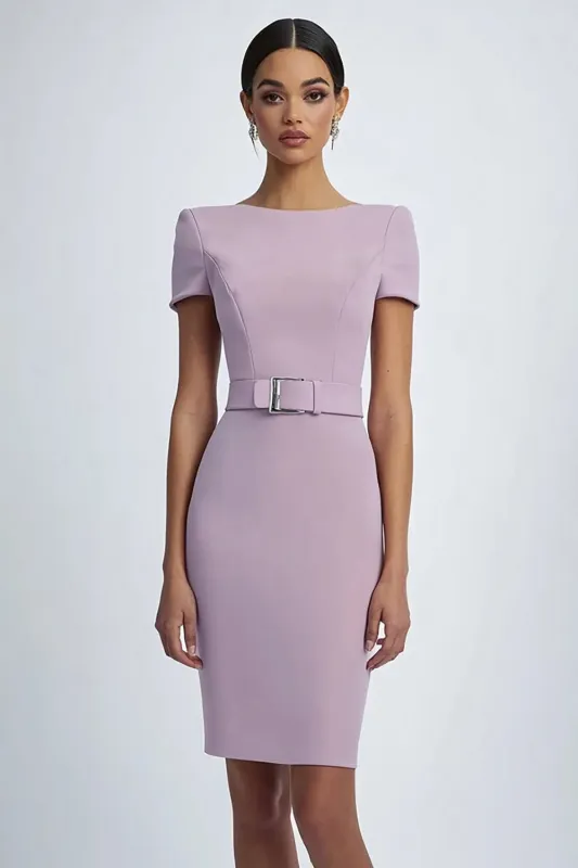 Lilac Sheath Cap Sleeve Midi Formal Dress With Belts sold by Zapaka