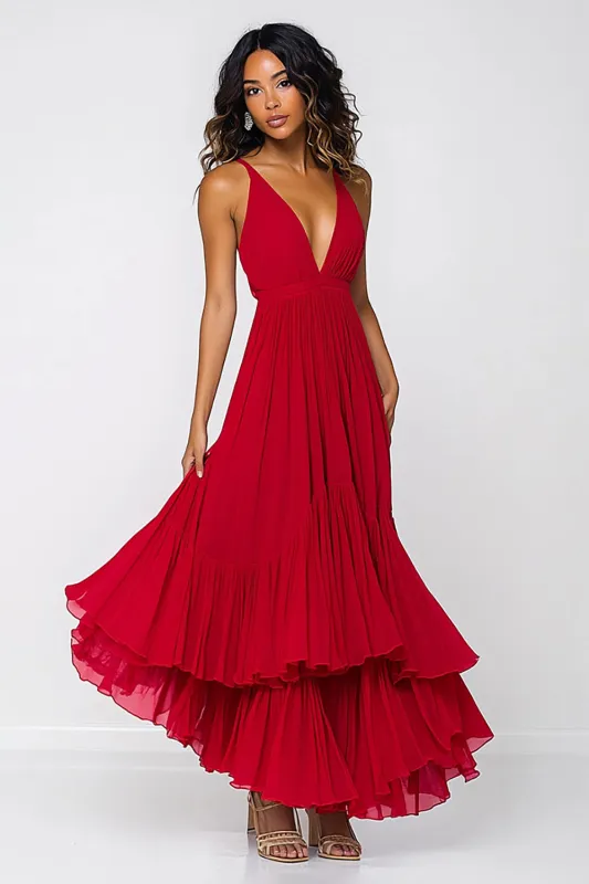 Red Spaghetti Straps Ruffled A Line Formal Dress sold by Zapaka