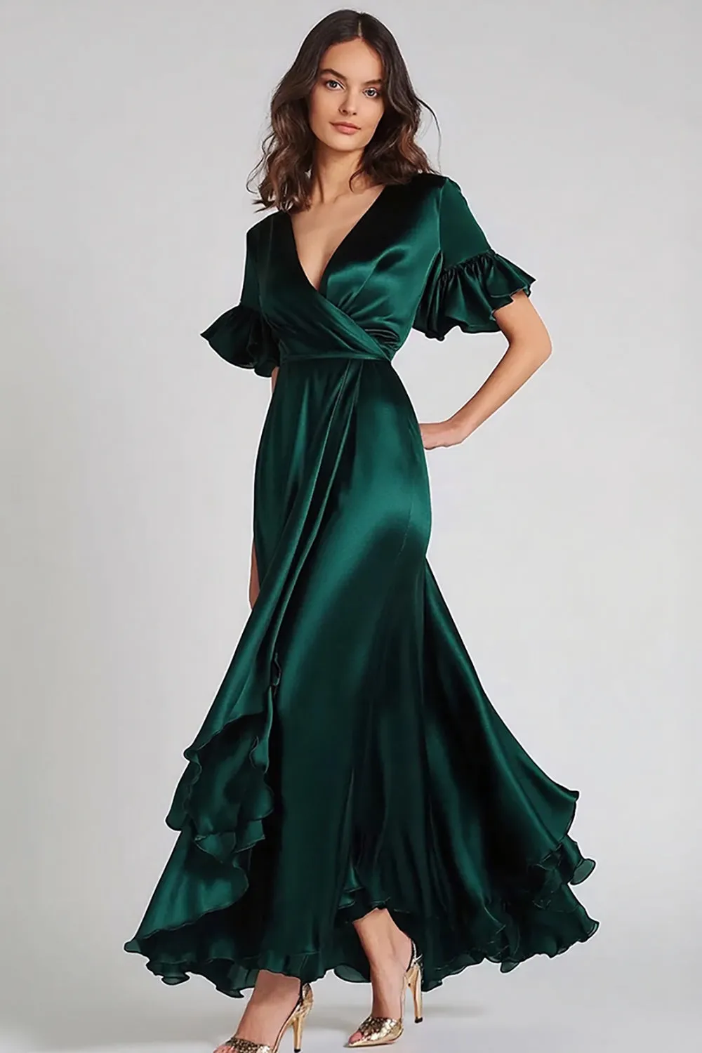 V-Neck Dark Green A Line Ruffled Long Formal Dress sold by Zapaka