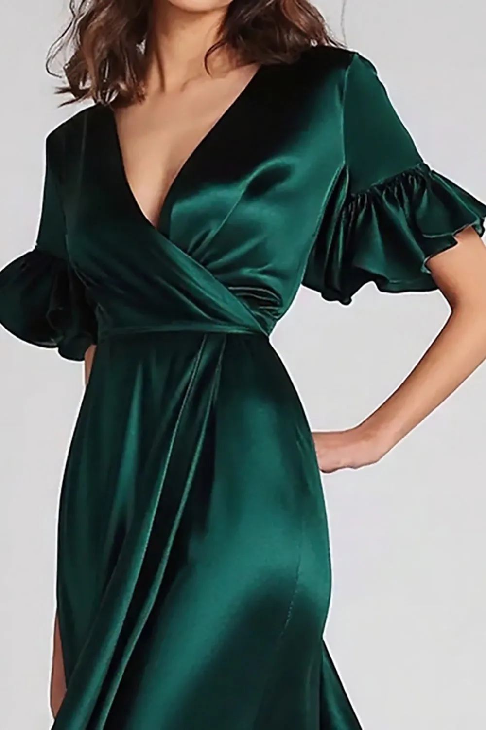 V-Neck Dark Green A Line Ruffled Long Formal Dress sold by Zapaka product image thumbnail 2
