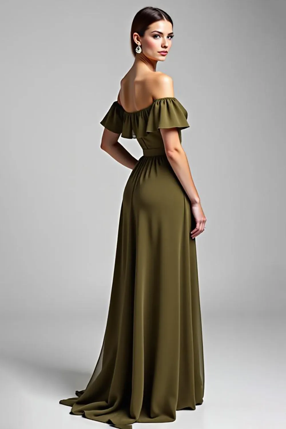 Olive Off The Shoulder Chiffon Long Formal Dress sold by Zapaka product image thumbnail 3