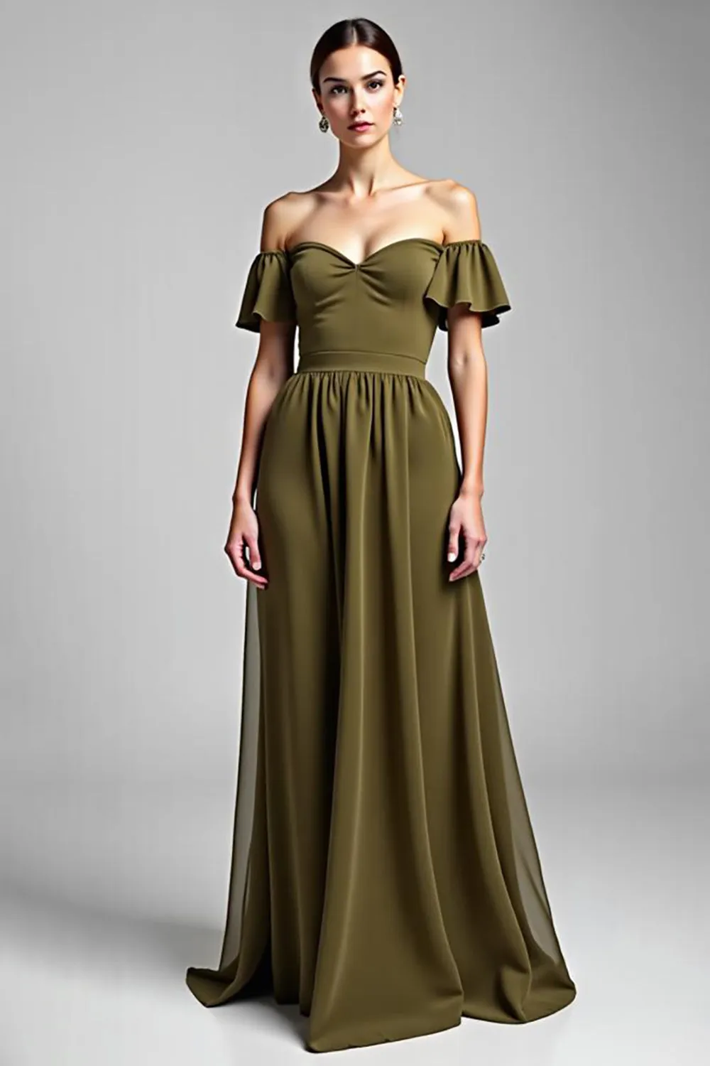 Olive Off The Shoulder Chiffon Long Formal Dress sold by Zapaka