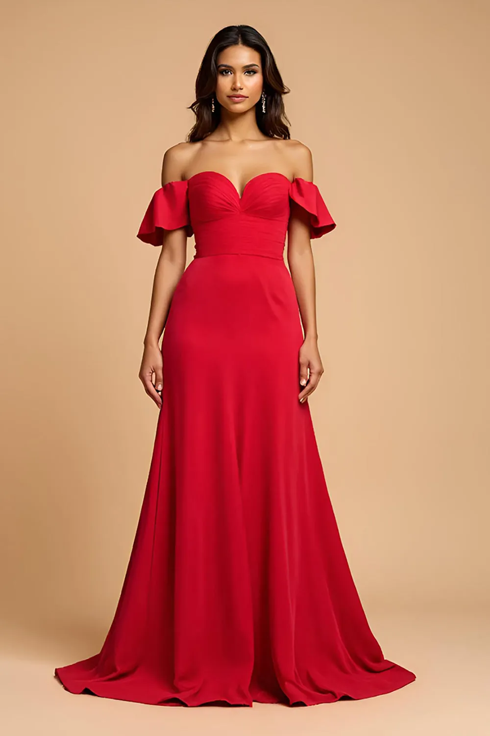 Elegant Off The Shoulder Red A Line Formal Dress With Ruffles sold by Zapaka