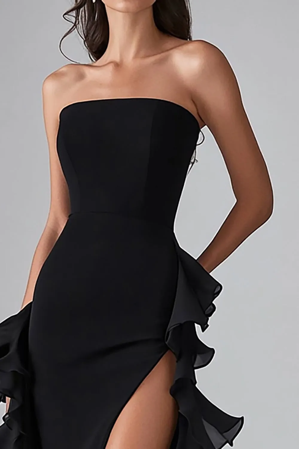 Black Ruffled Elegant Long Formal Dress With Slit sold by Zapaka product image thumbnail 2