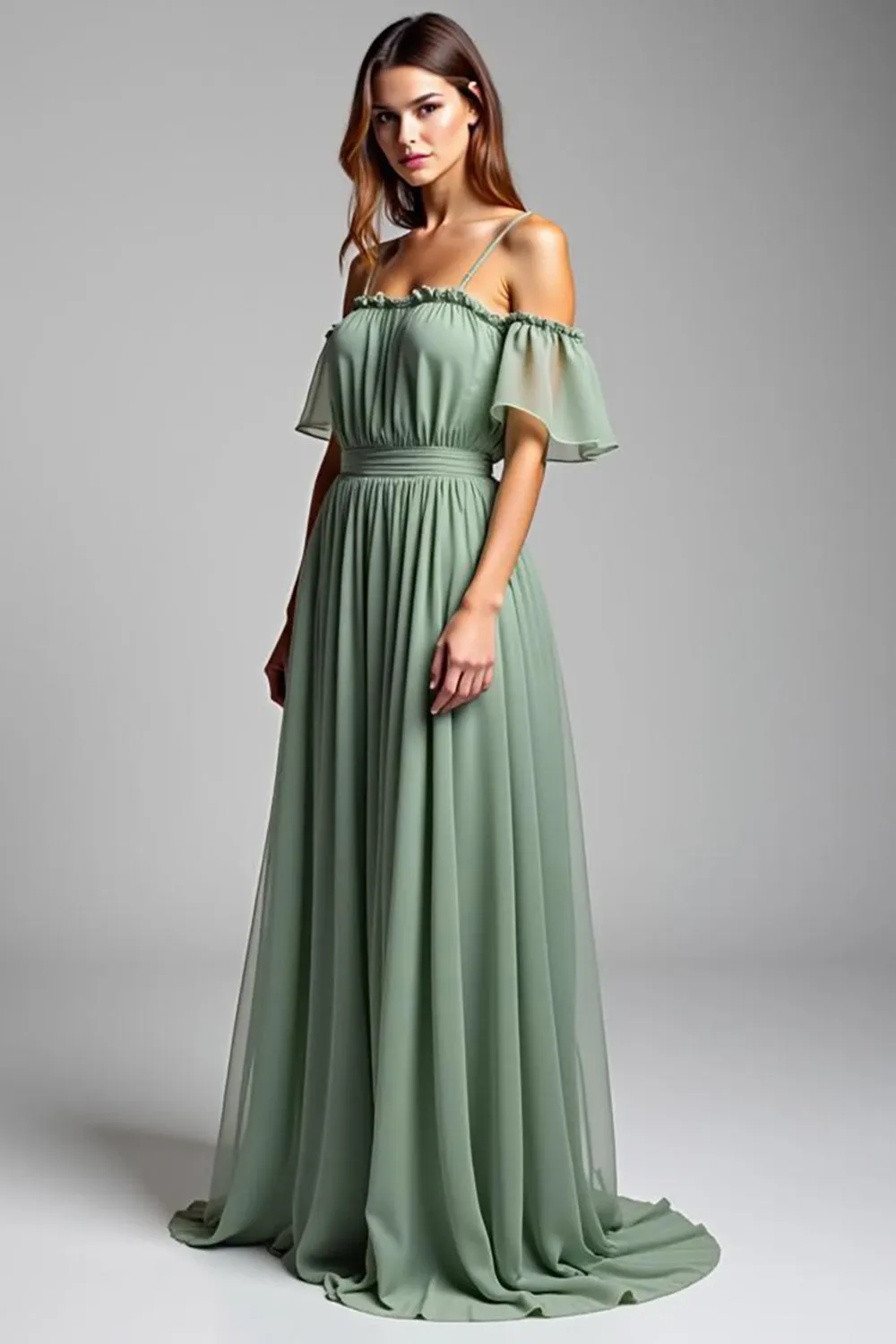 Dusty Sage Spaghetti Straps Chiffon Long Formal Dress sold by Zapaka