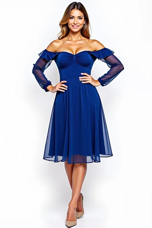 Long Sleeve Off The Shoulder Midi Royal Blue Formal Dress sold by Zapaka