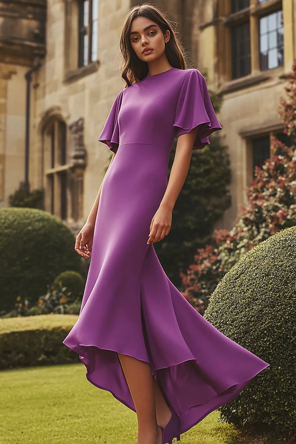 Plum Matte Satin Sheath Ruffled Formal Dress sold by Zapaka