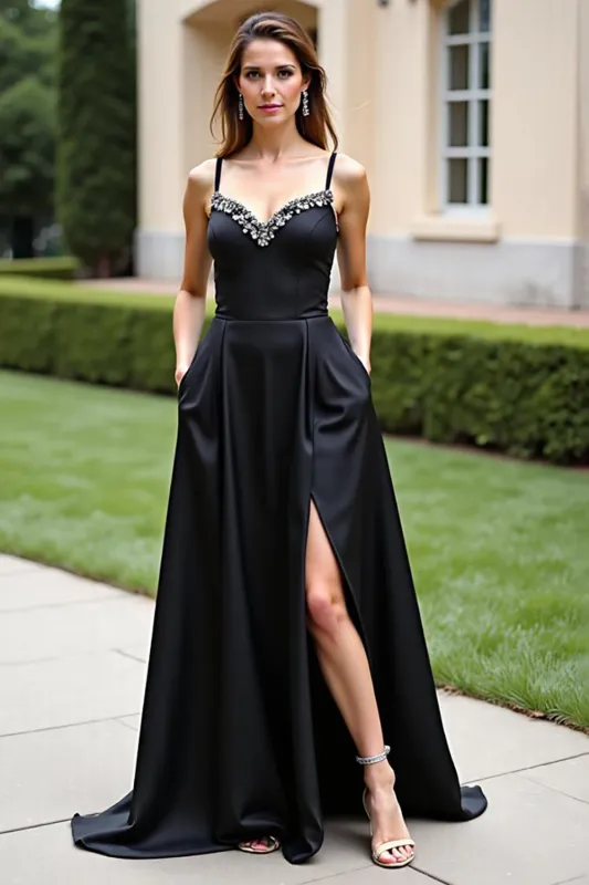 Black Satin Spaghetti Straps Beaded Long Formal Dress With Slit sold by Zapaka