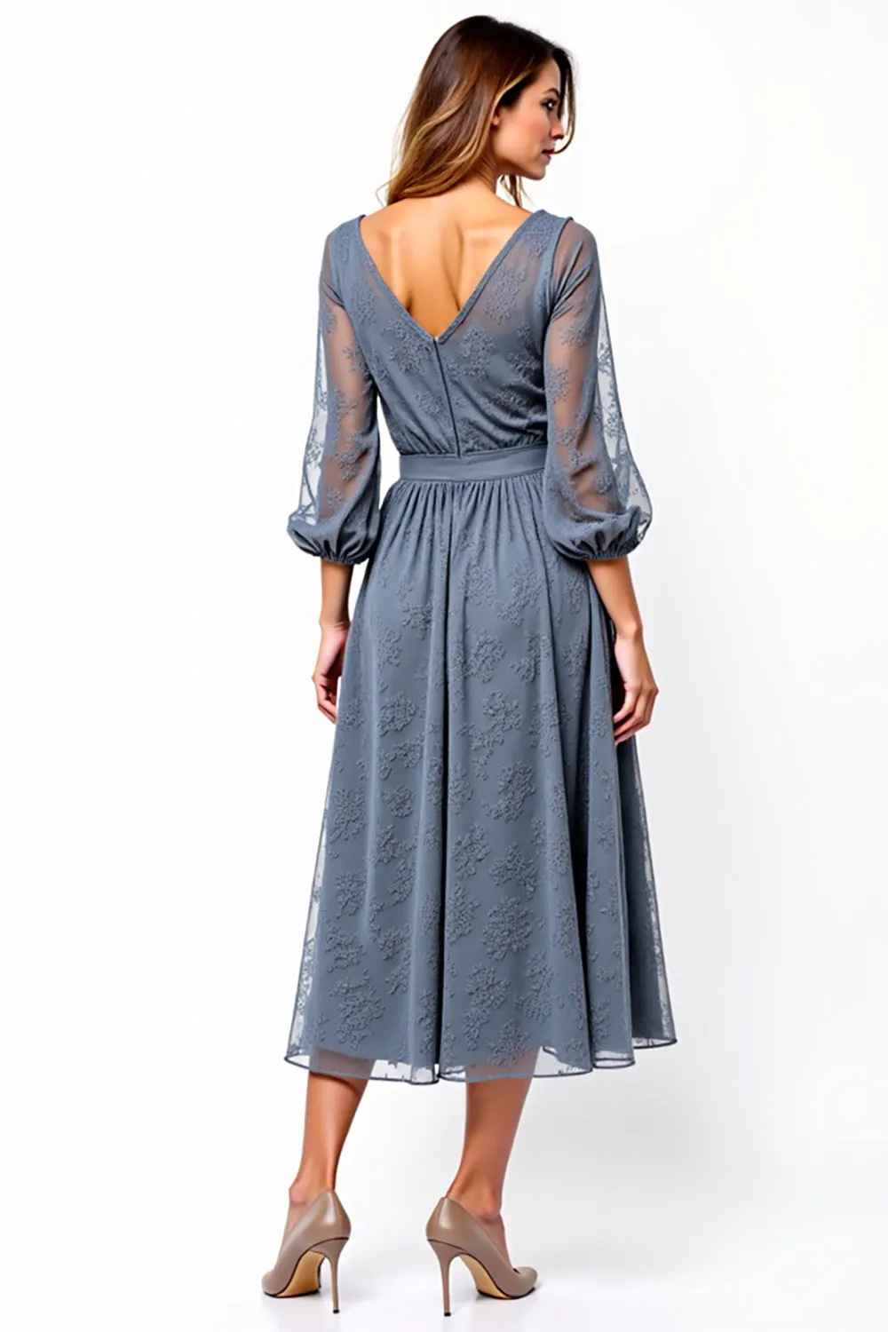 V-Neck Grey A Line Tea Length Formal Dress With Lace sold by Zapaka product image thumbnail 3