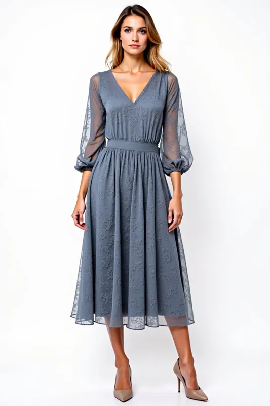 V-Neck Grey A Line Tea Length Formal Dress With Lace sold by Zapaka