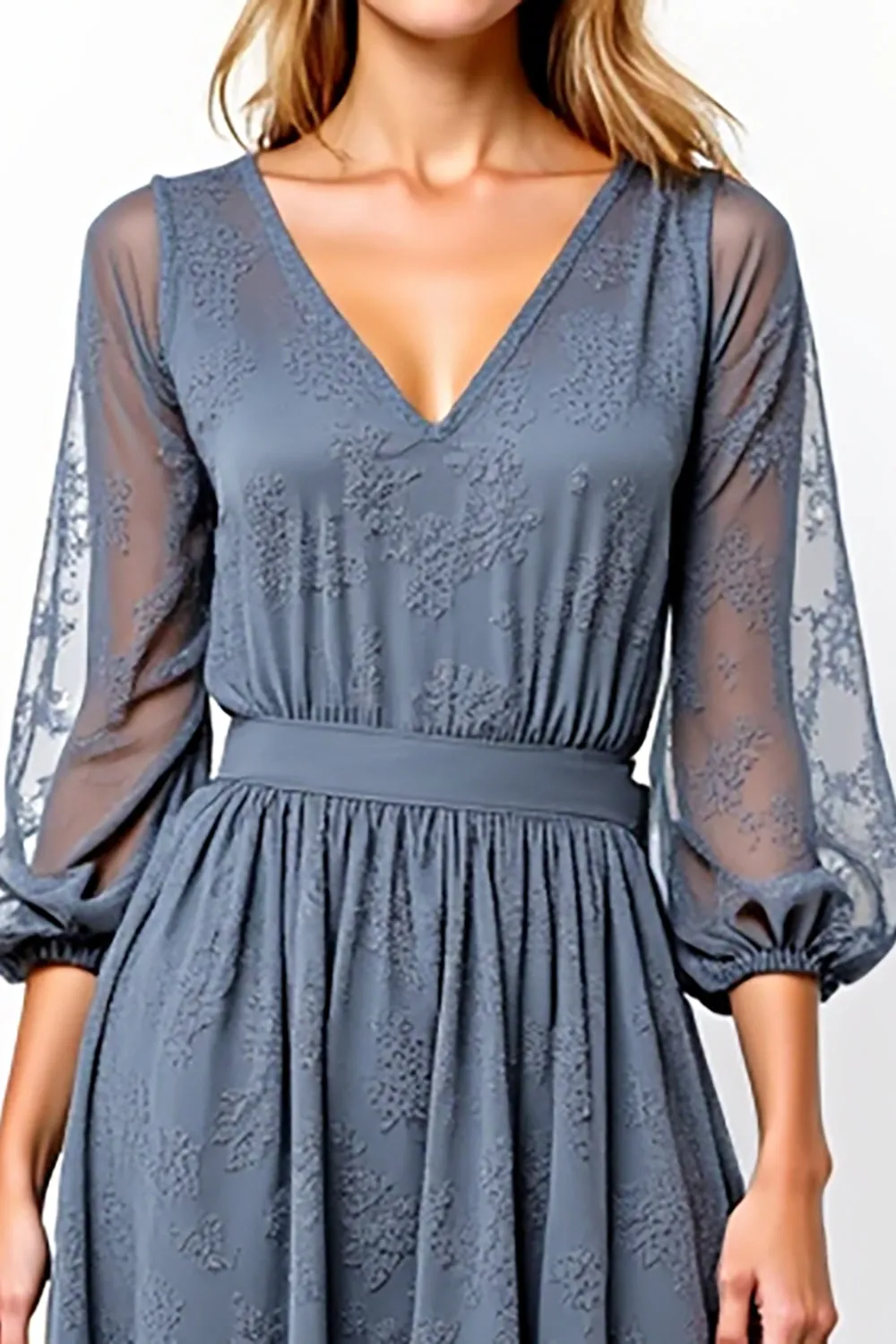 V-Neck Grey A Line Tea Length Formal Dress With Lace sold by Zapaka product image thumbnail 4