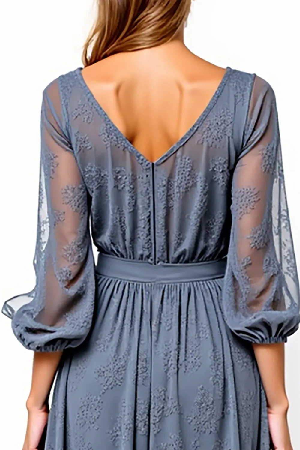 V-Neck Grey A Line Tea Length Formal Dress With Lace sold by Zapaka product image thumbnail 5