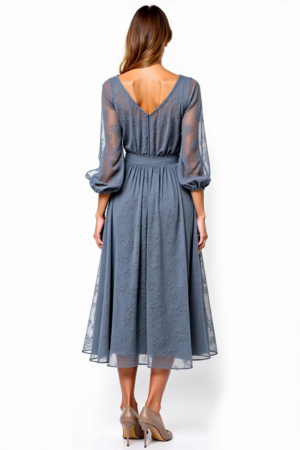 V-Neck Grey A Line Tea Length Formal Dress With Lace sold by Zapaka product image thumbnail 2