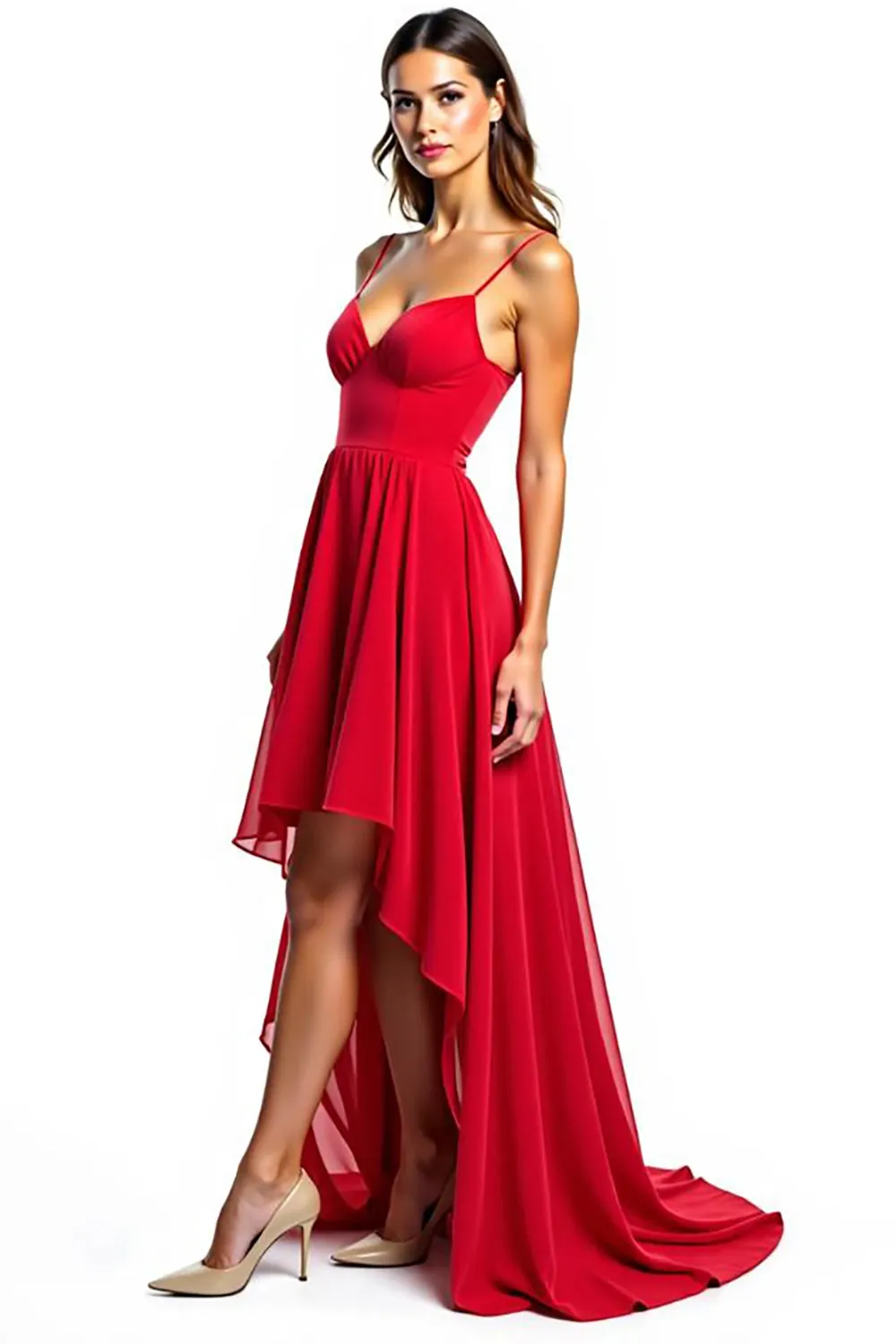 Red A Line Asymmetrical Chiffon Formal Dress With Ruffles sold by Zapaka product image thumbnail 3