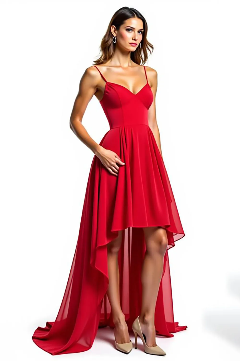Red A Line Asymmetrical Chiffon Formal Dress With Ruffles sold by Zapaka