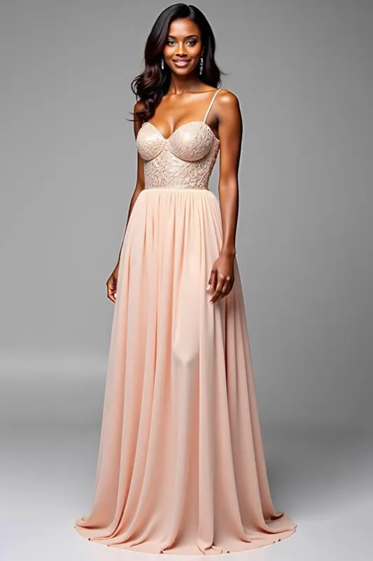 Champagne Elegant Lace A Line Long Formal Dress sold by Zapaka
