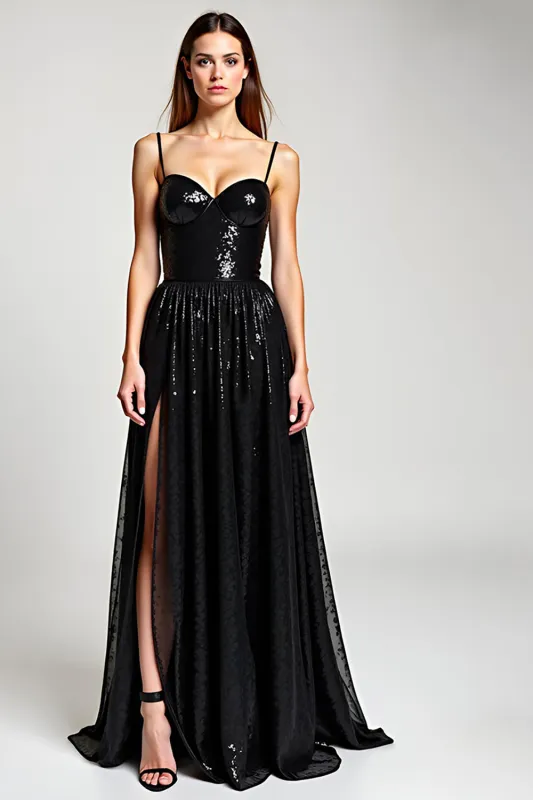 Sparkly Black Spaghetti Straps Long Formal Dress With Slit sold by Zapaka