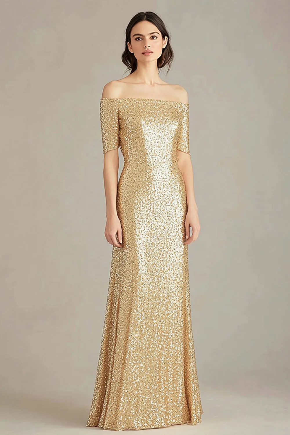 Gold Off The Shoulder Sheath Formal Dress With Sequins sold by Zapaka
