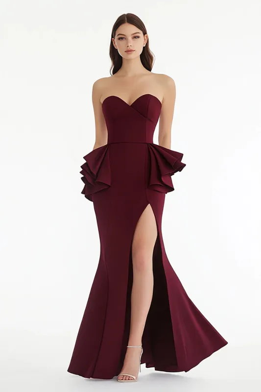 Strapless Mermaid Burgundy Ruffled Formal Dress sold by Zapaka