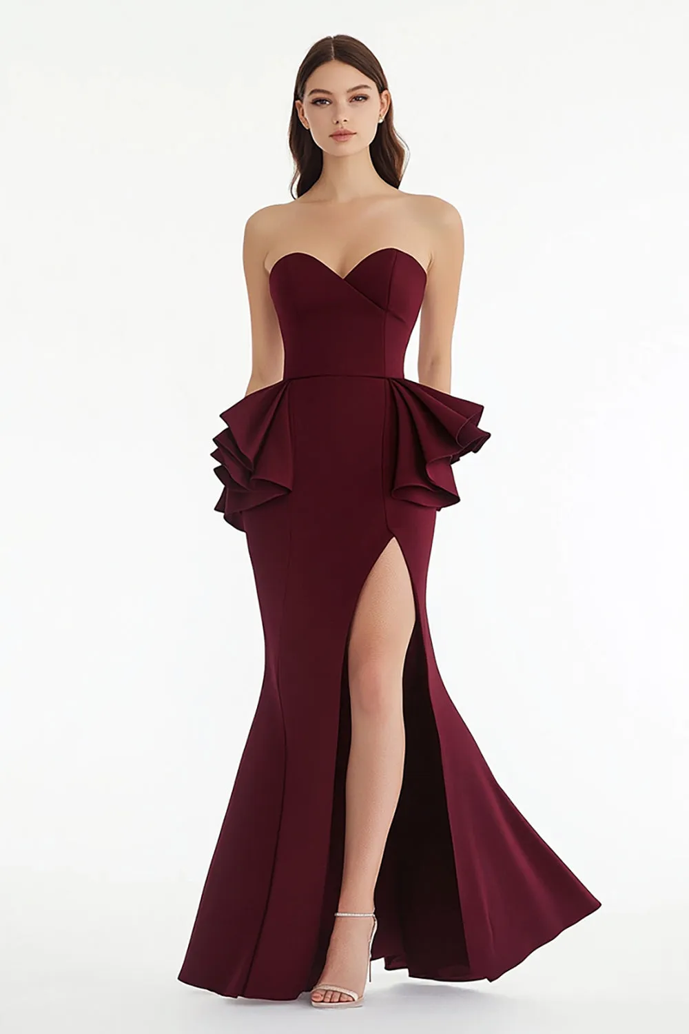 Strapless Mermaid Burgundy Ruffled Formal Dress sold by Zapaka