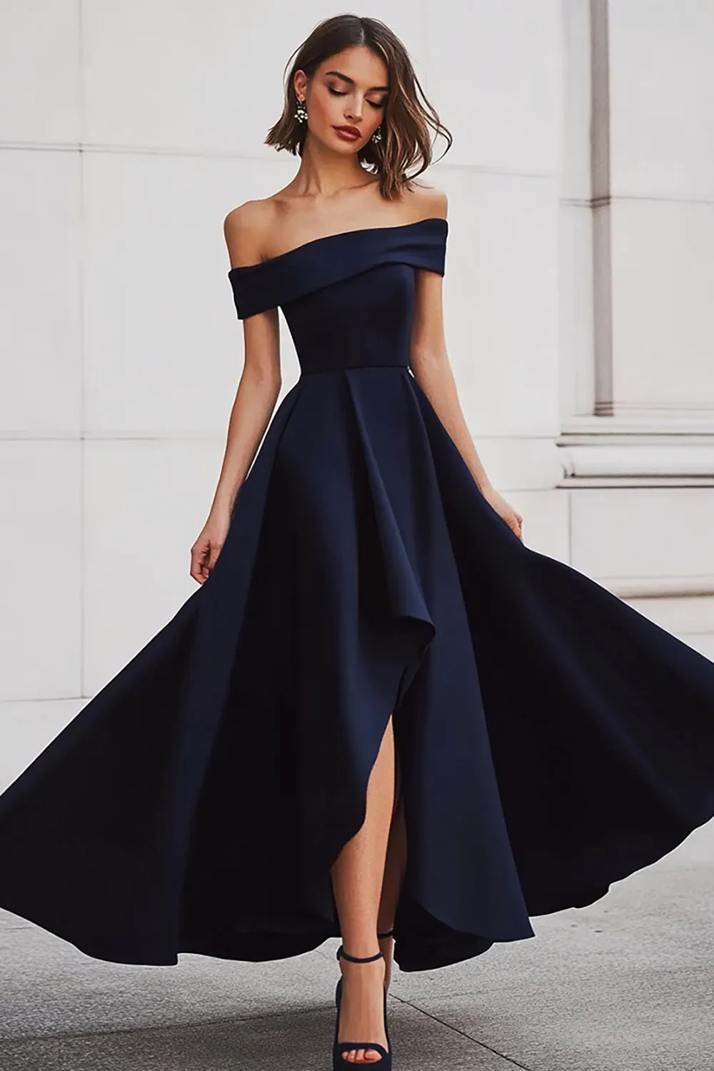 Off The Shoulder Black A Line Satin Formal Dress sold by Zapaka